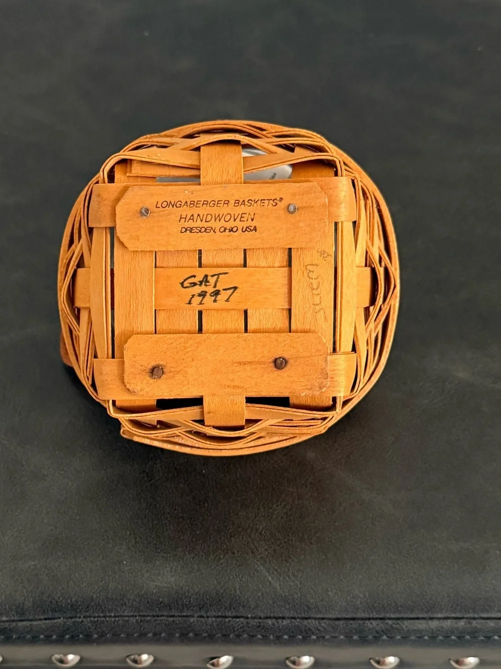 Longaberger Small 1997 Button Woven Basket with Leather Handles